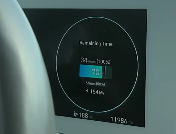 The Hyundai Ioniq 5 reducing charging power to 154 kW at 70% state of charge due to thermal management.