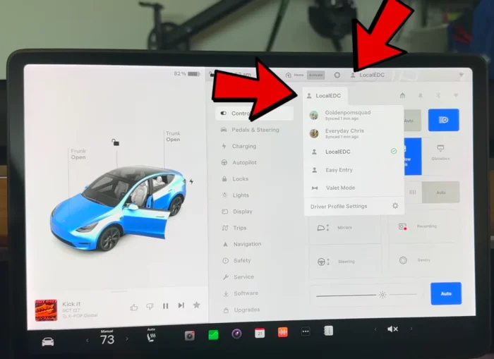 Tesla touchscreen displaying the menu to access driver profile settings.