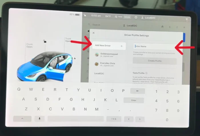 Tesla touchscreen showing the option to add a new driver profile with a descriptive name like 'Camping.