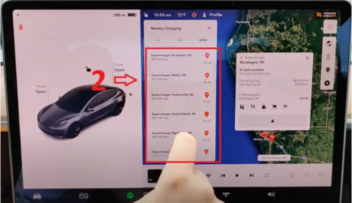 A list of available nearby superchargers are shown after clicking on the supercharger tab in the side menu.