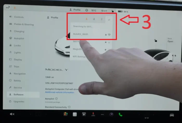 Ensure that hotspot is turned on from the phone , so that the hardware device is able to be discoverable on the Wi-Fi of the Tesla.