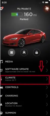 The list of available settings that is within the Tesla application, to process to pre-conditioning, it is required to access the 'Climate' tab.