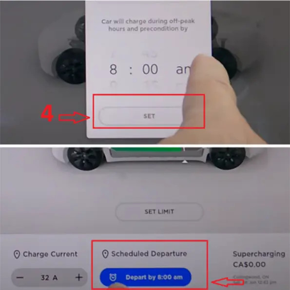 After setting the specified user settings , confirmation is required through the clicking the 'Set' button below the timer. The scheduled departure time is then highlighted by blue to show that it is already set.