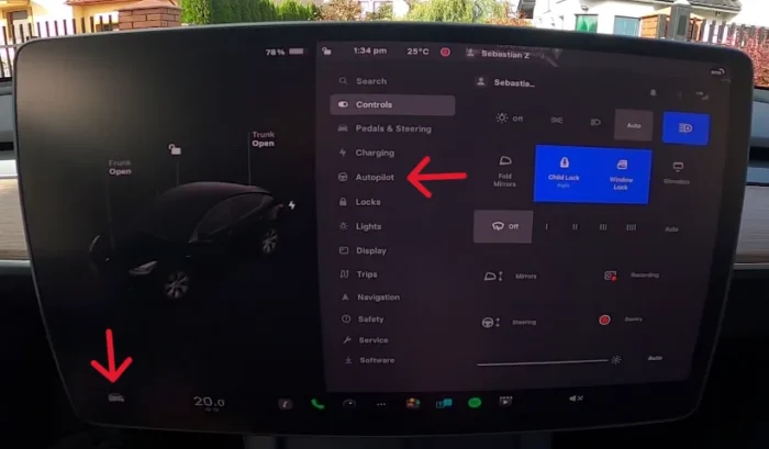 Tesla touchscreen showing the steps to disable Automatic Emergency Braking by shifting into Park and navigating to Controls > Autopilot > Automatic Emergency Braking.