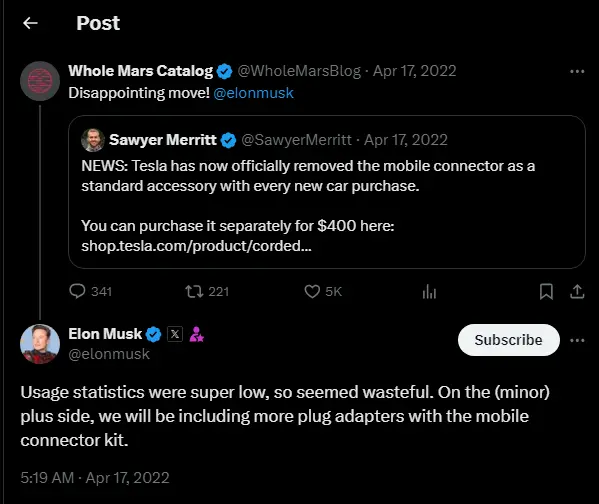 Additional plug adapters are included from purchasing the adapter bundle after the decision of excluding the mobile charger from Tesla purchases