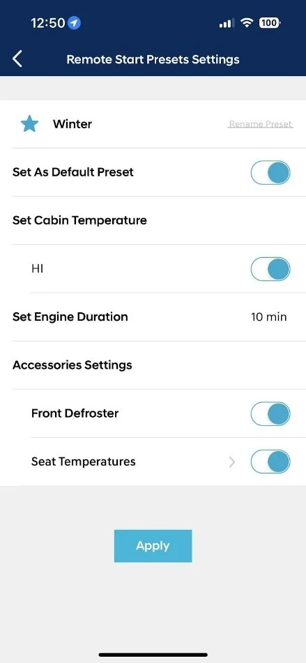 Blue Link app interface showing the options to send an engine start command and enable front defroster and seat temperature controls.