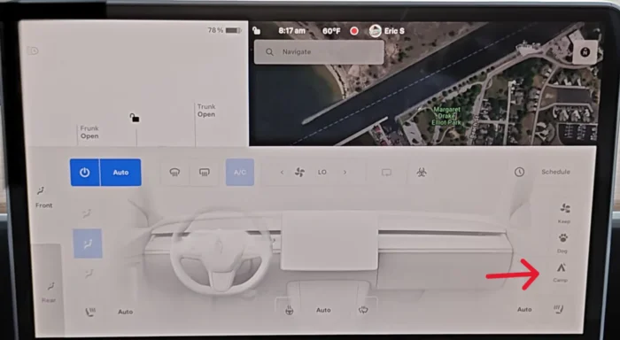 Tesla touchscreen showing the process to exit Camp Mode by selecting the 'Camp' button in the climate control menu.