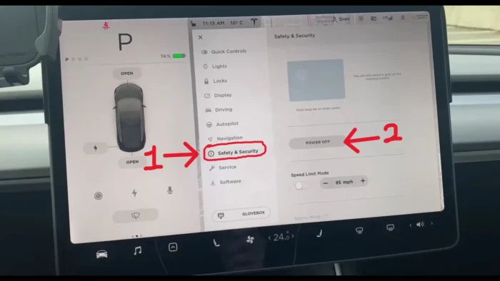 Accessing the Power Off option to the Tesla touchscreen