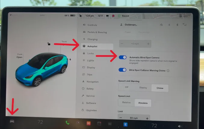 Instructions to activate the Blind Spot Camera in Tesla: Go to Controls > Autopilot > Blind Spot Camera. This setting shows the side repeater camera image when the turn signal is on, eliminating blind spots.