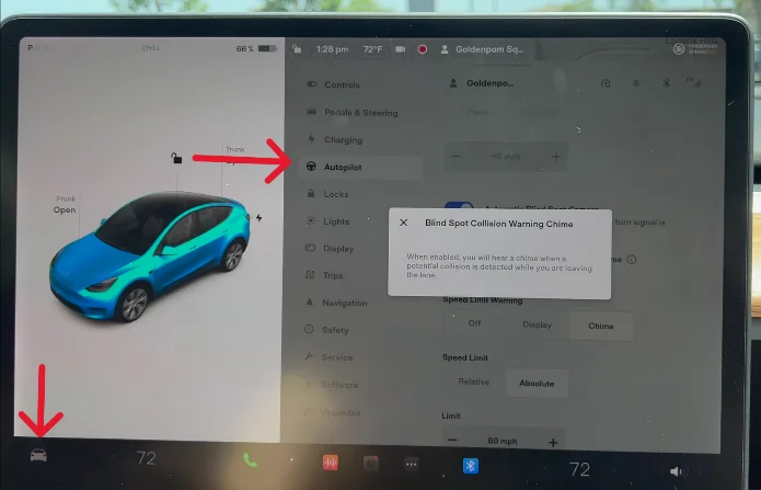 Instructions to enable Blind Spot Collision Warning Chime in Tesla: Go to Controls > Autopilot > Blind Spot Collision Warning Chime to activate a chime sound if a vehicle is detected in your blind spot and a collision is imminent.