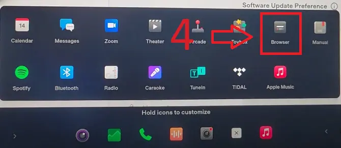 Find the list of application from within the app drawer of the Tesla and search for the browser app.
