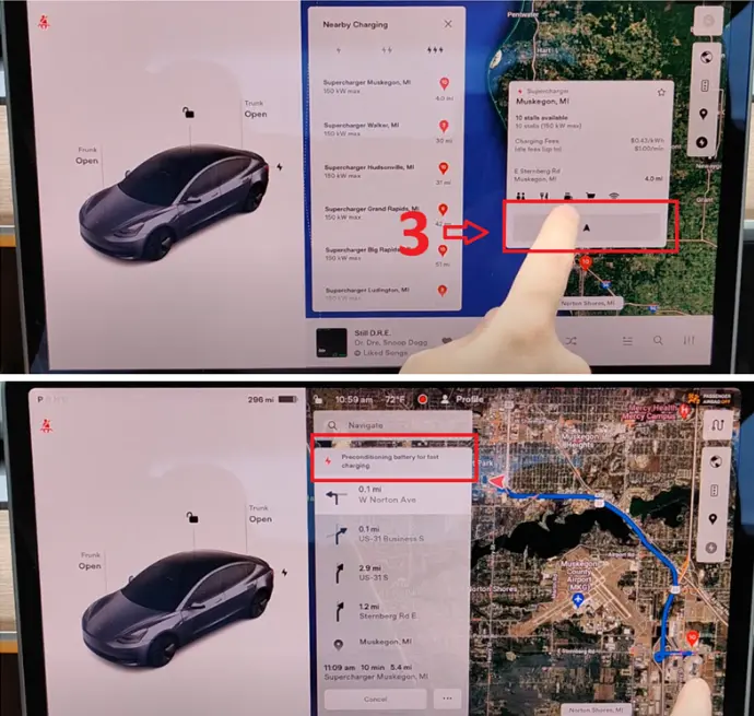 After selecting the supercharger as a destination , it will then proceed to show the route towards the supercharger whilst also prepping for the pre-conditioning of the battery when it is nearby.