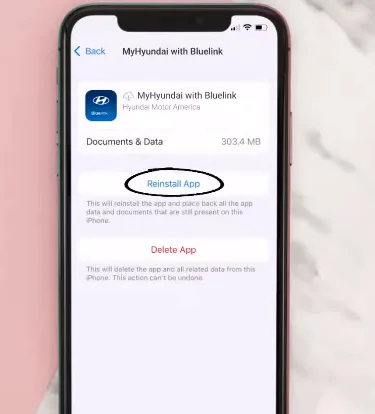 An iPhone screen displaying the "Reinstall App" button for the "MyHyundai with Bluelink" app.