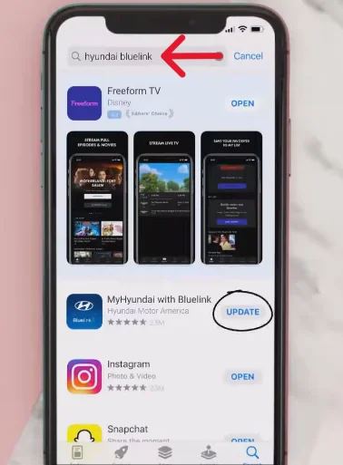 A smartphone screen displaying the search results for the "MyHyundai with Bluelink" app, with an update button highlighted next to the app name.