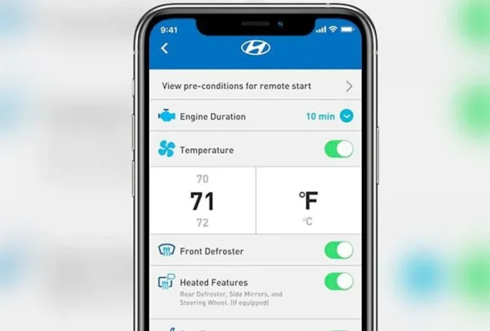 Screen interface of the Blue Link app showing options to set the engine duration and adjust temperature control settings.