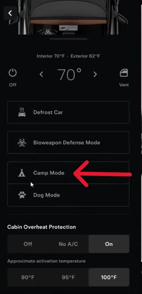 Tesla app climate settings screen highlighting the 'Camp Mode' option for remote activation.