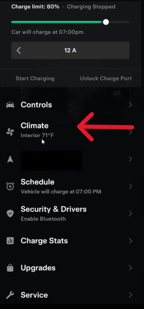 Tesla app interface showing the Climate section, allowing remote control of Camp Mode settings.