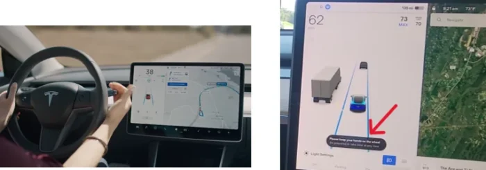 Tesla gear stalk being pulled down to engage Autopilot with visual confirmation on the touchscreen.