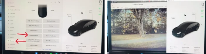 Tesla's center display showing options to preview various camera feeds, including blind spot and rear cameras, for improved visibility and safety