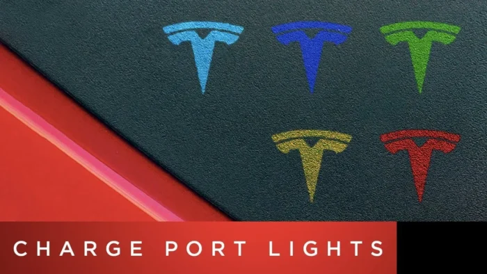 Tesla charge port with different light indicators showing charging status for each individual colors.