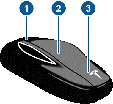 Tesla key fob showing buttons for various functions like locking, unlocking, and opening the charge port.