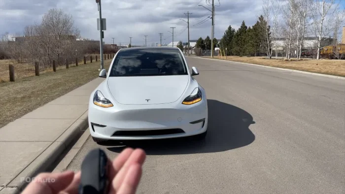 Tesla key fob buttons used for locking and unlocking the car