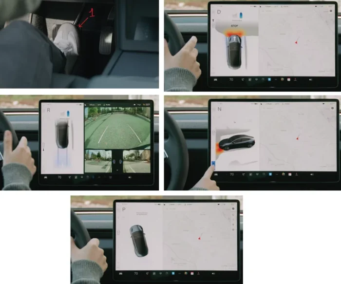 Tesla Model 3 showing touchscreen and overhead console controls for Drive, Reverse, Park, and Neutral modes