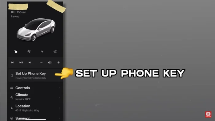 Tesla touchscreen showing the phone key setup option.