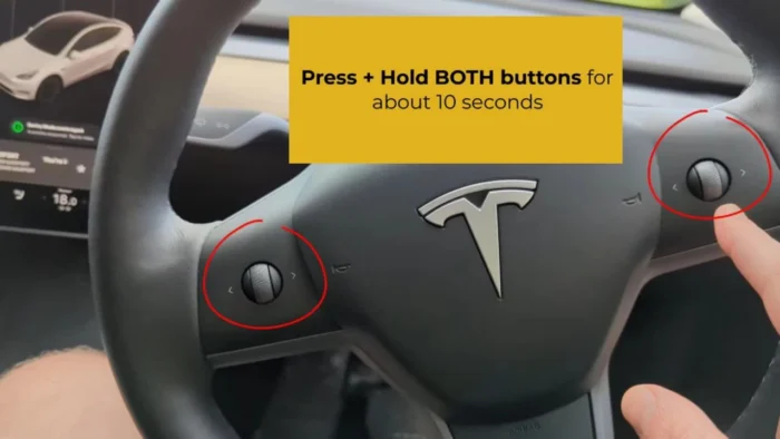 Steps for soft reset: press and hold both scroll wheels on the steering wheel until the Tesla logo appears on the screen