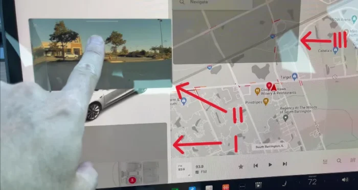 The Tesla update introduces three positions for the live feed of side repeater cameras: top center, top left, and bottom left. The top center and top left positions enhance visibility, but the bottom left may be partially obstructed by the driver's elbow.