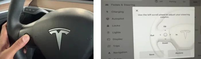 Tesla steering wheel adjustments showing controls for steering wheel position and weight."