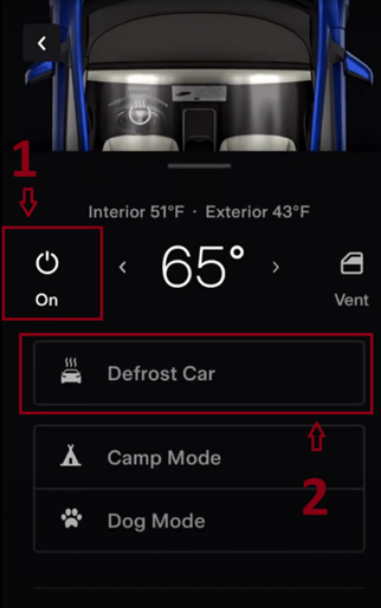 Defrost is also available from within the 'Climate' tab and operates only after turning on the climate control.