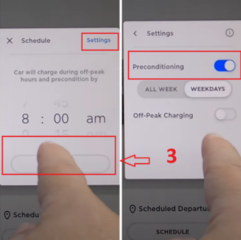 The settings section of the the timer for scheduled departure consists of toggle options featuring pre-conditioning and off-peak charging.