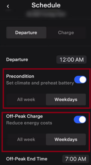 Two other features available from within the 'Schedule departure' is pre-condition and off-peak charge time, similar to that using the media screen on the Tesla.