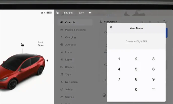 Tesla interface for creating a four-digit PIN when setting up Valet Mode for the first time, with the option for future use.