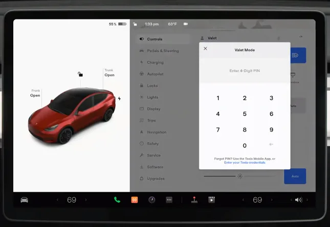 Tesla interface for entering the four-digit PIN to activate or exit Valet Mode, confirming the PIN to make changes