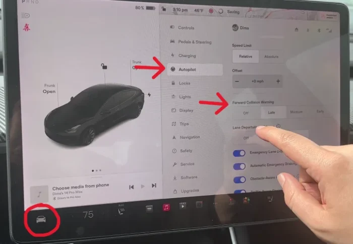 Tesla touchscreen showing how to turn on and adjust the sensitivity of Forward Collision Warning by navigating to Controls > Autopilot > Forward Collision Warning.