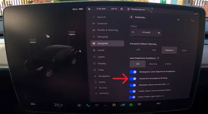 Step-by-step guide on enabling and disabling Automatic Emergency Braking in a Tesla.