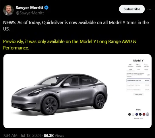 Tesla Model Y in the Quicksilver color, highlighting its addition to the lineup for all trims in the US and Canada