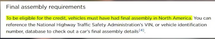 This info detailing the North American assembly requirement for federal EV tax credit eligibility