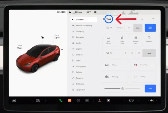 Tesla screen showing how to open the car's controls and select the Valet Mode profile