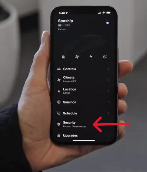 Tesla app interface showing how to access the 'Security' section for deactivating Valet Mode.