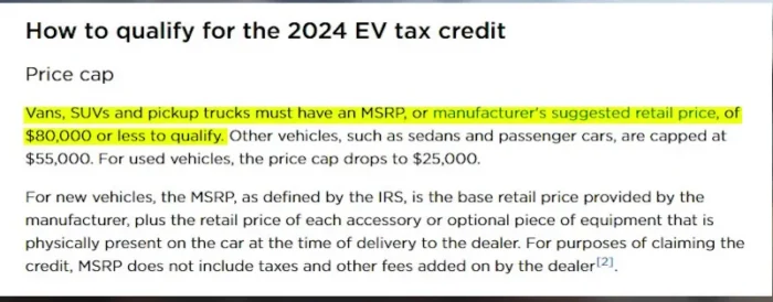 Image showing price caps for federal EV tax credit eligibility over time.