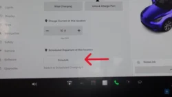 Tesla screen showing options for scheduling a departure time and setting off-peak hours