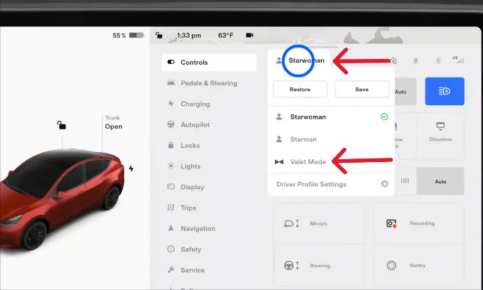 Tesla screen showing how to select the driver profile and choose Valet Mode from the available options.