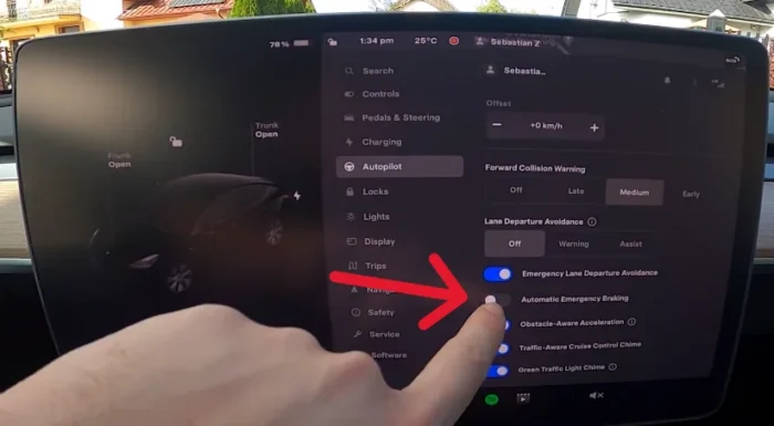 Toggle on/off to enable or disable automatic emergency braking