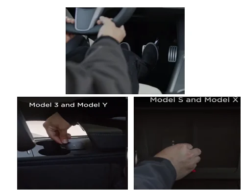 Tesla key card placed on the car’s console while pressing the brake to start the vehicle.