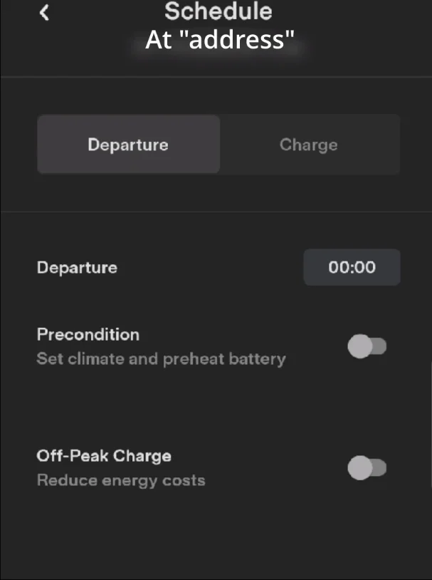 Tesla app interface showing options to set a departure time, select off-peak charging, and save the settings.