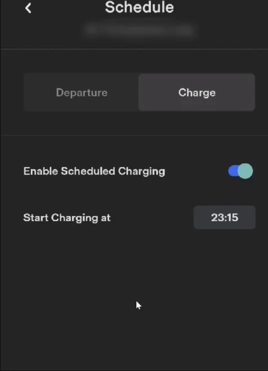 Tesla app interface with the option to enable scheduled charging and set a start time.