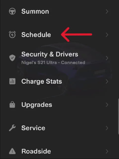 Tesla app interface showing the 'Schedule' option for setting charging schedules.